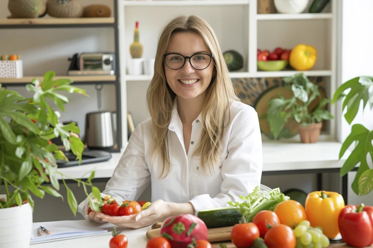 Smiling young dietician sitting desk